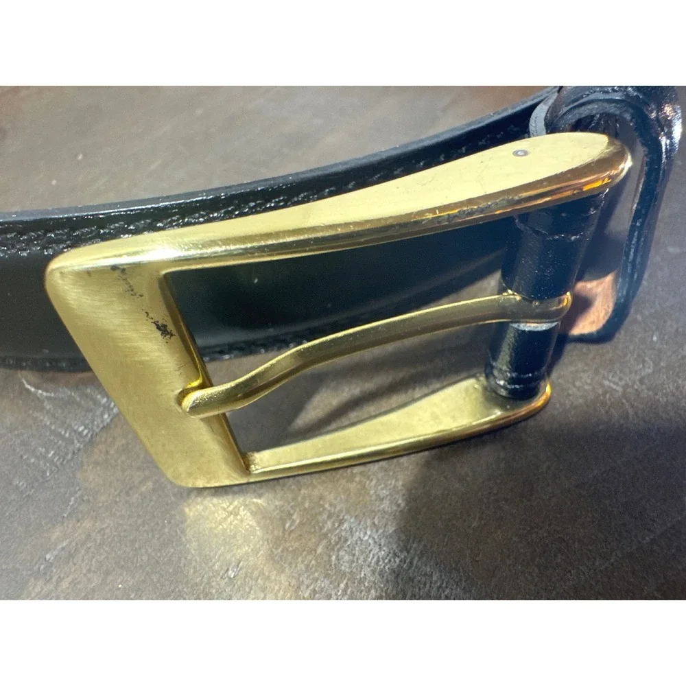 Italian Full Grain Leather Belt Mens 34 Black Solid Brass Buckle Made in Italy